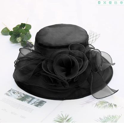 Women's Kentucky Derby Church Dress Hat Wide Brim Leaf Flower Bridal Shower Hat - color: A9 Black