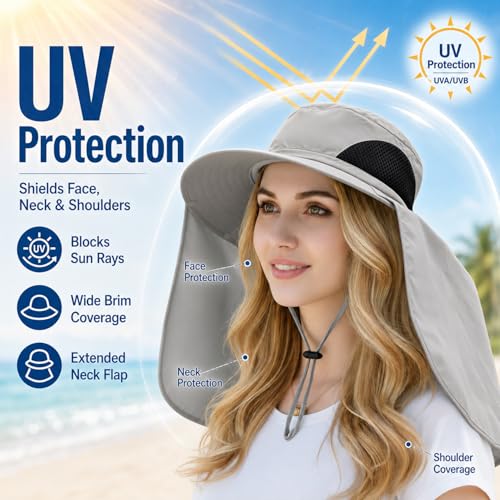 HUAMULAN Women Men Wide Brim Sun Hat Hiking Fishing Hats with Neck Flap - color: Yq005-lightgray