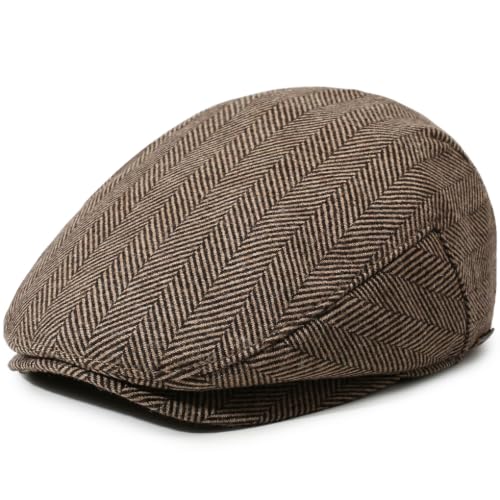 Men's Newsboy Cap with Earflaps Flat Ivy Caps Gatsby Golf Cabbie Hats - color: Coffee Herringbone