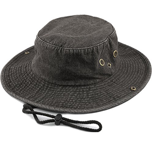 The Hat Depot Cotton Stone-Washed Safari Wide Brim Foldable Double-Sided Sun Boonie Bucket Hat - color: 4. Black Denim, size: Small-Medium
