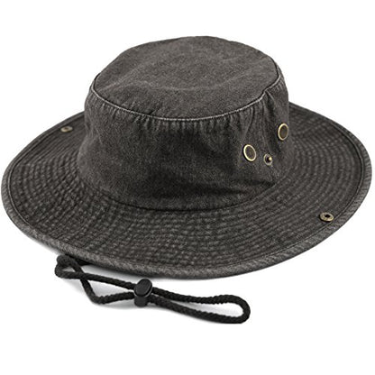 The Hat Depot Cotton Stone-Washed Safari Wide Brim Foldable Double-Sided Sun Boonie Bucket Hat - color: 4. Black Denim, size: Small-Medium