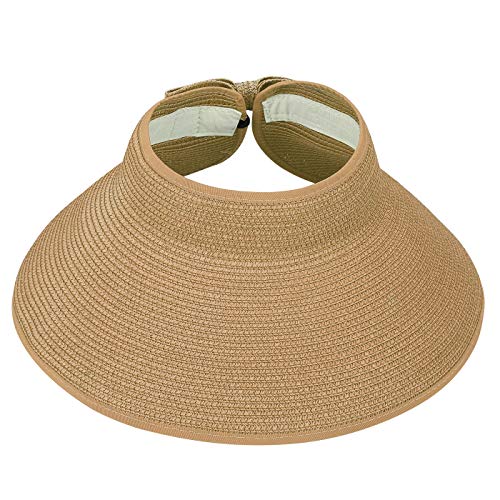 HDE Sun Visor for Women Roll Up Packable Ponytail Beach Sun Hat with Bow - color: Brown