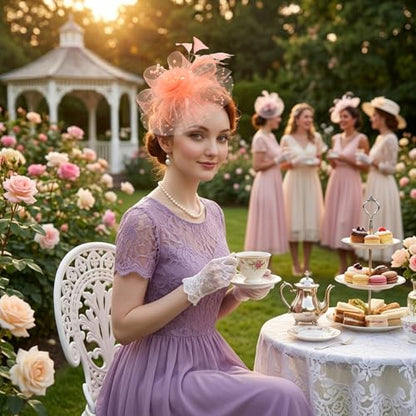 DRESHOW Fascinators Hat Flower Mesh Ribbons Feathers on a Headband and a Clip Tea Party Headwear for Girls and Women - color: 7" Diameter / Champagne