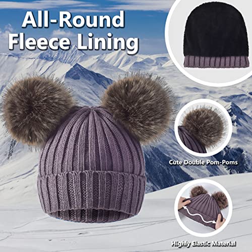 3 Pcs Women Winter Knit Beanie Hat Scarf Touchscreen Gloves Set Warm Soft Thick Fleece Lined Skull Cap with Double Pom Pom - color: Purple