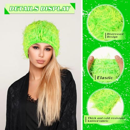 Chuarry Distressed Knitted Beanie Fuzzy Winter Hat - color: Yellow and Green