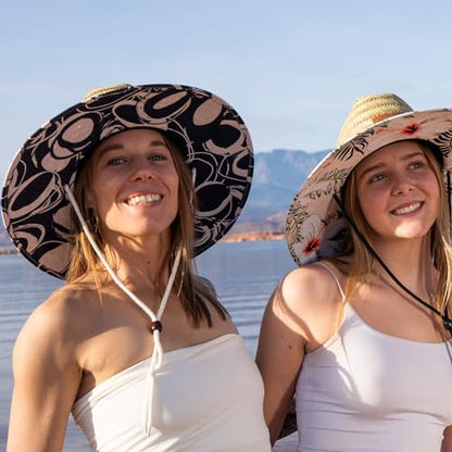 Women's Wide Brim Straw Sun Hat for Beach, Lifeguard Style, Hand-Woven Rush & Mat, Adjustable Chin Drawstring - color: The Ashley