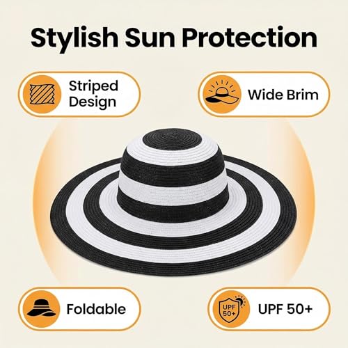 Women's Beachwear Sun Hat Black and White Striped Straw Hat Floppy Beach Hat Foldable Wide Brim Cap