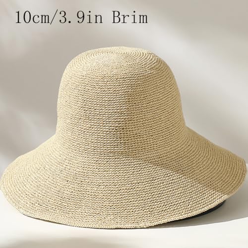 Women Straw Sun Hat Summer Beach Hats Foldable Floppy Cap Wide Brim Bucket Hat Solid Handmade Sun Protection Caps - color: Beige