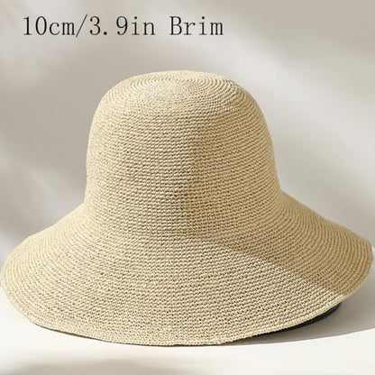 Women Straw Sun Hat Summer Beach Hats Foldable Floppy Cap Wide Brim Bucket Hat Solid Handmade Sun Protection Caps - color: Beige