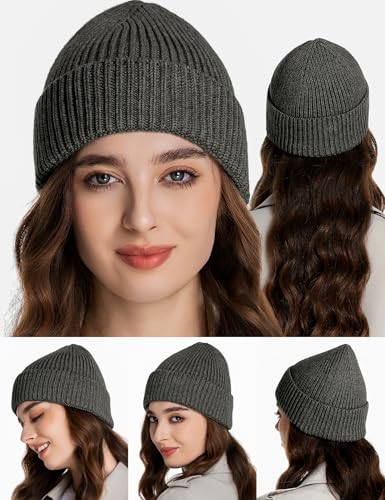 vidsel 50% Wool Thick Beanie Hat Men Women, Seamless Cuffed Winter Knit Cap - color: 1pcs Dark Grey