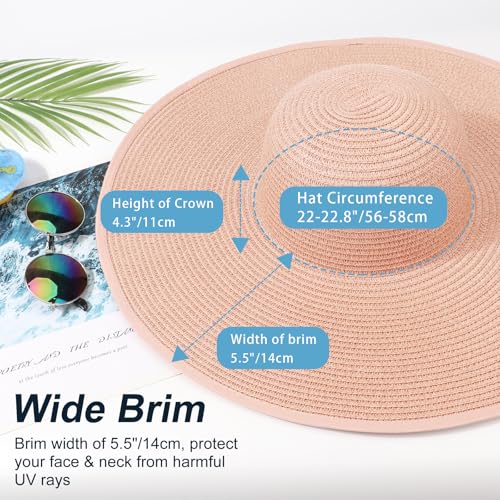 AQOKKA Sun Hats for Women Big Straw Wide Brim Summer Beach Hat Floppy Foldable Roll up Cap for Outdoor UPF 50+ - color: Wide Brim : Blush Pink