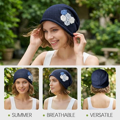Ababalaya Breathable Cotton Linen Slouchy Beanie Hat for Women - color: Navy Blue