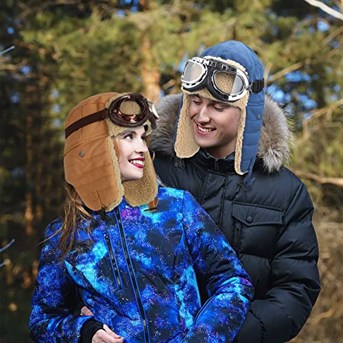 JaGely 4 Pcs Pilot Hat and Goggles Flight Costume Accessories Pilot Helmet Cap with Ear Flaps Hat Adults Winter - color: Blue and Khaki, style: Classic