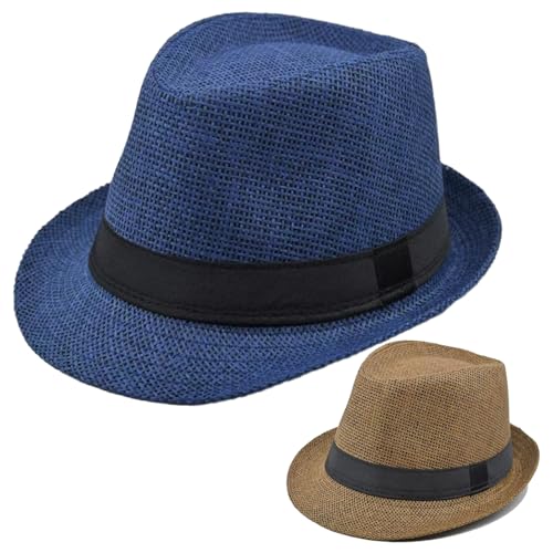 2 Pack Straw Fedora Hats for Men and Women, Short Brim Summer Beach hat, Trilby Panama Sun Hats. - color: Blue/Coffee, size: Medium-Large