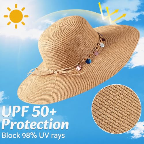 Women's Straw Sun Hat UPF80 UV Protection Foldable Wide Brim Summer Hat Sweatband Adjustable Floppy Beach Hats for Women - color: Khaki- Shell