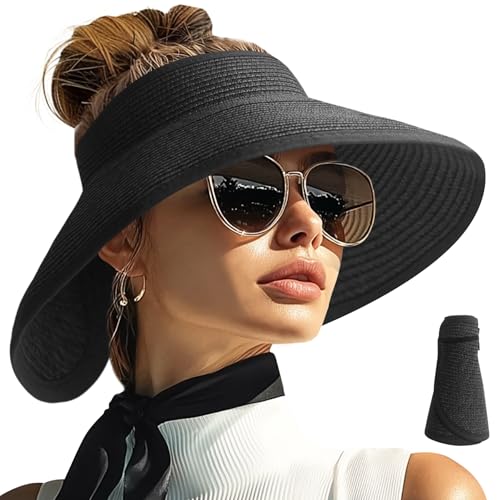 PFFY Sun Visor Hats for Women Wide Brim Straw Packable Ponytail Beach Hat - color: Black