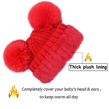 Toddler Winter Knit Hat Upgrade Fleece Lined Pompom Ears Beanies Cap for Boys Girls 3-12 Years - color: Red