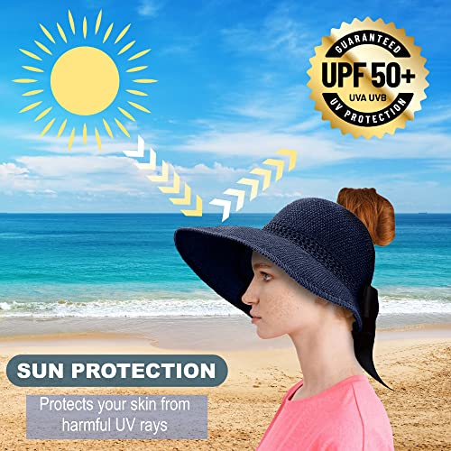 Straw Sun Visor for Women, Wide Brim UPF 50+ Protection Beach Hat, Adjustable, Roll Up Foldable Ponytail Cap with Chin Strap - color: A Navy