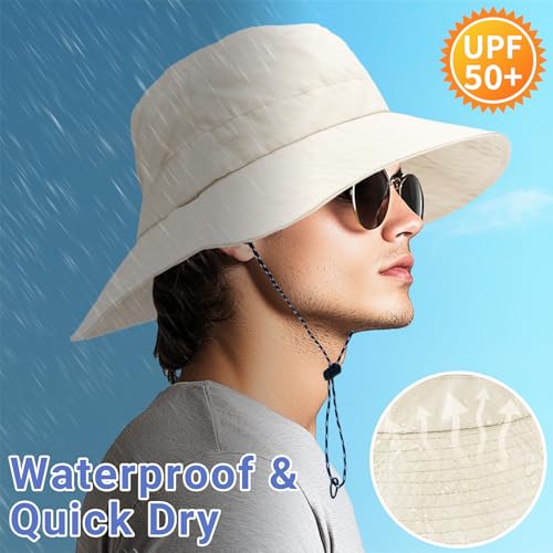 PFFY Waterproof Bucket Hats for Men Women Packable Sun Hat for Outdoors - color: Solid Beige