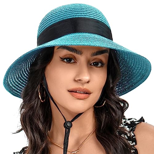 Sun Straw Hat for Women with Wind Lanyard Wide Brim Foldable Beach Summer Hats Womens UV 50+ Protection Bowknot Cap - color: Sky Blue