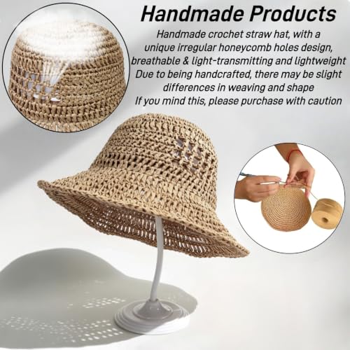 Floppy Big Beach Straw Hats for Women Foldable Summer Wide Brim Packable Sun Hat Womens Travel Straw Fedora Hat - color: Khaki-8