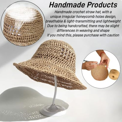 Floppy Big Beach Straw Hats for Women Foldable Summer Wide Brim Packable Sun Hat Womens Travel Straw Fedora Hat - color: Khaki-8