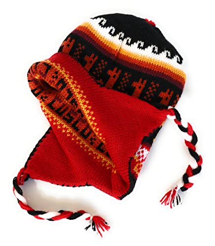 Alpaca Wool Blend Winter Hat Chullo Inca Peruvian Design Reversible with Earflaps. Beanie Medium Size. Unisex - color: Red/Black