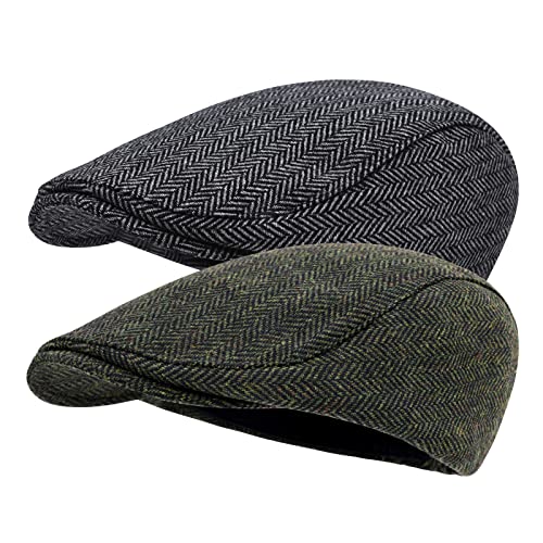 STARANCE Men Wool Newsboy Cap - color: Herringbone Green/Herringbone Grey