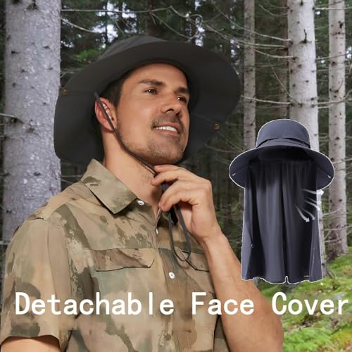 Plus Size XL XXL Sun Hats for Men Bucket Boonie UV Protection UPF50+ Waterproof Wide Brim Foldable Fishing Beach - color: Dark Gray With Neck Flap Face Cover, size: Large-X-Large