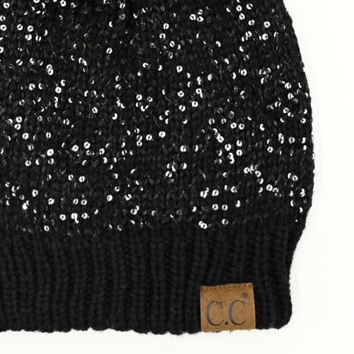 C.C Sequin Pom Beanie for Women - Acrylic Stretchable Soft Warm Knit Winter Skully Hat with Yarn Pom - color: Sequin-black / Black