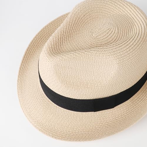 DRESHOW Women Straw Panama Hat Travel Fedora Beach Sun Hat Summer Wide Brim Straw Roll up Hat UPF 50+ - color: 1 Pc Roll Up Hat: Beige + 2 Replaceable Bands