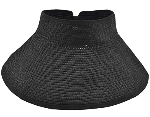 Womens Foldable Straw Sun Visor, Packable Roll‑Up Beach Hat with Wide Brim - color: Black