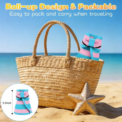 ZOORON Girls Straw Sun Visor Hat, Wide Brim Ponytail Beach Hat with Bow - color: Seablue+pink