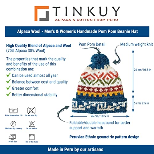 TINKUY Peru Alpaca Wool Winter Beanie, Handmade Bobble Hat, Unisex, One Size - color: Steel Blue