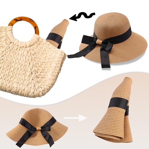 MILAKOO Straw Mesh Buckle Hat Ribbon Bow Cap Strap Foldable Roll Up Cap Sun Protection Hat for Travel - color: 01 Khaki