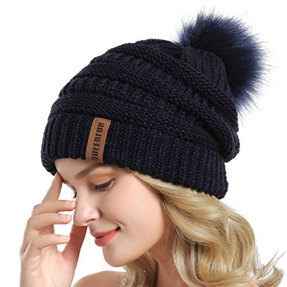Women Knit Slouchy Beanie Chunky Baggy Hat with Faux Fur Pompom Winter Soft Warm Ski Cap - color: Navy