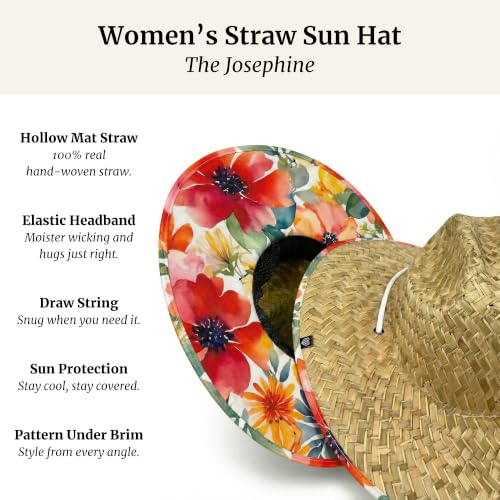 Women's Wide Brim Straw Sun Hat for Beach, Lifeguard Style, Hand-Woven Rush & Mat, Adjustable Chin Drawstring - color: The Josephine