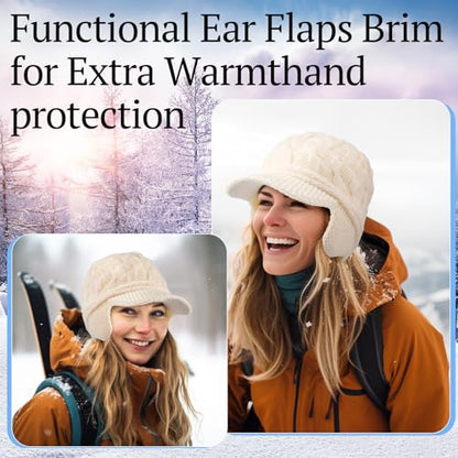 Jenaai Winter Beanie with Brim and Earflap for Woman Outdoor Warm Thermal Knitted Hat for Women Men Cold Weather - color: Beige