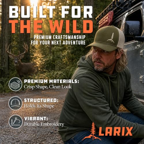 Larix Hats for Men, Trucker Hat Men, Tamarack Mountain, Mesh Snapback - color: Moss Green Beige - Tm