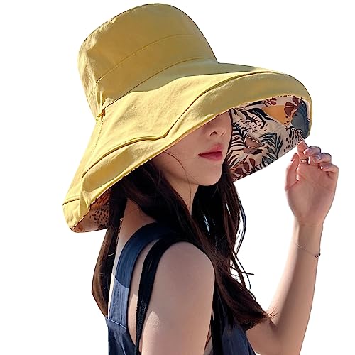 HUAMULAN Women Summer Vacation Wide Brim Sun Hat Reversible Fishing Hats - color: Yellow