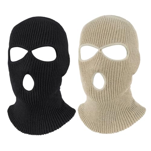 Pukavt 2 Pack 3 Hole Winter Knitted Mask, Ski Mask Balaclava Cap - color: Black/Beige