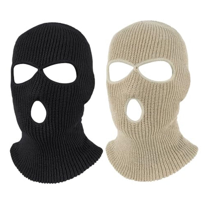 Pukavt 2 Pack 3 Hole Winter Knitted Mask, Ski Mask Balaclava Cap - color: Black/Beige