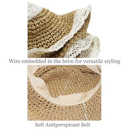 Ladies Wide Brim Beach Straw Hat Summer Vacation Sun Protection Hat Braided Lace Edge Hat Soft Foldable Lightweight - color: Khaki