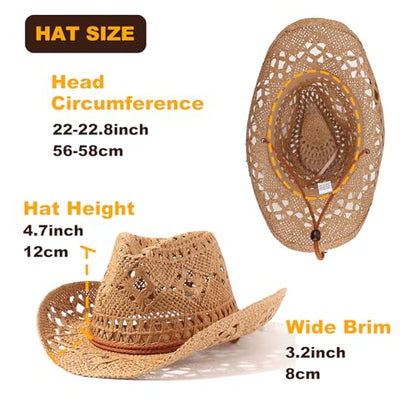 AQOKKA Straw Cowboy Hats for Women Men Western Cowgirl Hats with Shapeable Brim Woven Hollow Out Unisex Beach Roll Up Caps - color: Khaki a