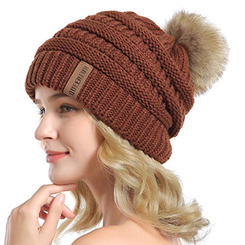 Women Knit Slouchy Beanie Chunky Baggy Hat with Faux Fur Pompom Winter Soft Warm Ski Cap - color: D7-rust
