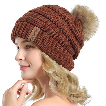 Women Knit Slouchy Beanie Chunky Baggy Hat with Faux Fur Pompom Winter Soft Warm Ski Cap - color: D7-rust