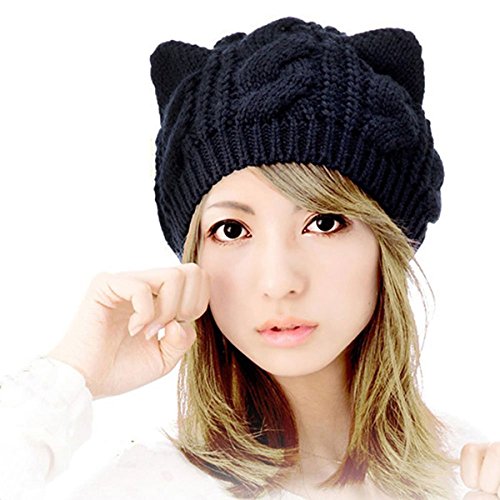 Women Winter Wool Baggy Beret Beanie Cute Devil Cat Ear Crochet Braided Knit Hat Ski Cap - color: Black