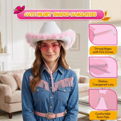 4E's Novelty Cowboy Hat with feathers With Heart Shaped Sunglasses for Women, Felt Cowgirl Hat for Party Costume Dress Up - color: White & Pink