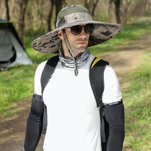 Wide Brim Sun Hat for Men Women UV Protection Bucket Fishing Hats - color: Khaki Ink Wash
