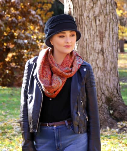 Fleece Flower Cloche Hat for Women Chemo Cancer Ladies Headwear 50+ UPF - color: Black